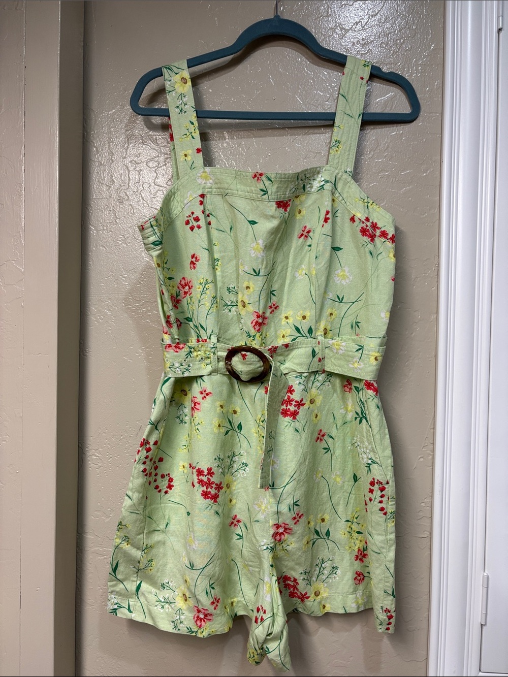 LOFT NWT Pale Green Floral Linen Blend Romper with Waist Tie